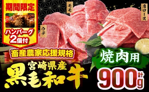 【期間・数量限定】畜産農家応援！宮崎県産 黒毛和牛 焼肉3種セット(肩ロース・ウデ・モモ 各300g)・国産牛ハンバーグ100g×2個_M132-030-PU-B2
