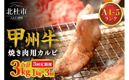 
                  【3ヶ月定期便】山梨県北杜市産 甲州牛 黒毛和牛 焼肉用カルビ 1kg　牛肉 カルビ 定期便 3回 国産 山梨県 北杜市産 肉 焼き肉 A4・5ランク級
                