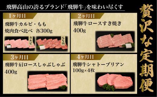 【定期便 4ヶ月】（全4回）A5ランク 飛騨牛 贅沢 食べつくし 約1.8kg  ( カルビ・もも / ロースすき焼き / 肩ロースしゃぶしゃぶ / シャトーブリアン)  | 肉 a5 食べ比べ 希少
