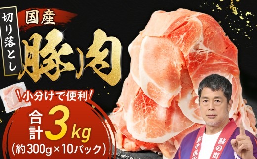 家計応援!国産 豚肉 計3kg!(300g×10P) 豚 切り落とし 小分けで便利【配送不可地域：離島】
