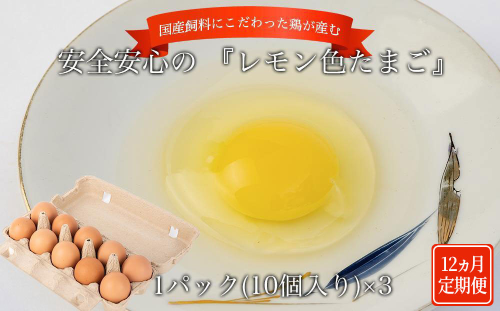 【定期便12か月】国産飼料にこだわった鶏が産む安全安心の 『レモン色たまご』30個（25個＋割れ保証5個） ［Hn9］