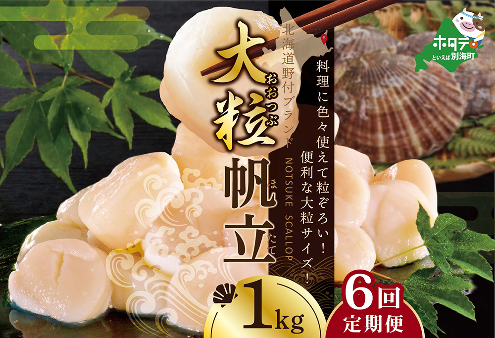 【毎月6ヶ月定期便】北海道 野付産  冷凍ホタテ 料理に色々使える 大粒 ホタテ 1kg 全 6回  水産事業者支援