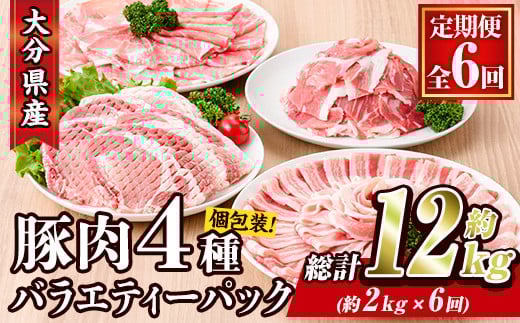 ＜定期便・全6回 (連続)＞ 豚肉 バラエティーパック (総量12kg・4種) 小分け 豚バラ スライス とんかつ ロース 豚こま しゃぶしゃぶ 鍋 大分県 佐伯市【BD209】【西日本畜産 (株)】