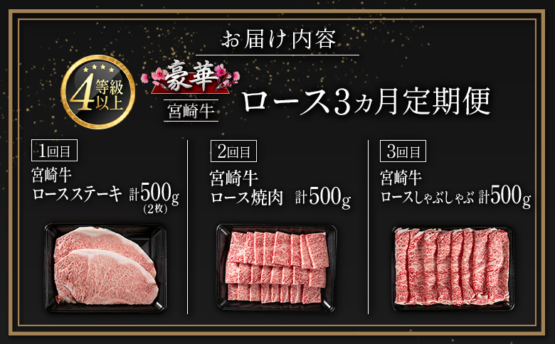 豪華宮崎牛 ロース 3か月定期便 牛肉 焼肉 ステーキ BBQ 国産 宮崎県産【E225-25】