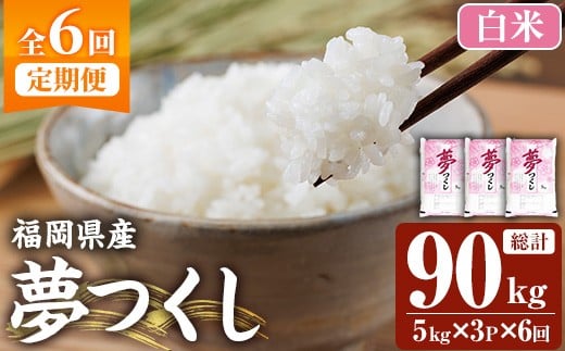 ≪令和7年産≫【6回定期便・白米】【食味鑑定士厳選】福岡県産 夢つくし(総計90kg・5kg×3袋×6回) 白米 米 お米 おこめ ごはん ゆめつくし ご飯 常温 福岡県産 ブランド米 定期便 定期 