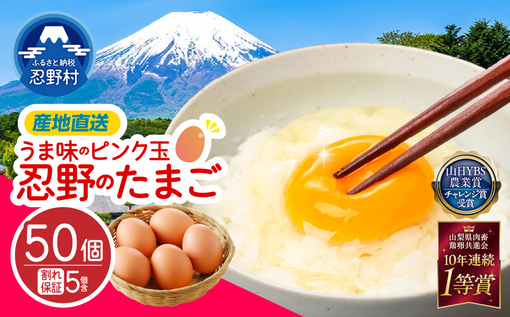 【8月配送分】”忍野の卵”旨味のピンク玉※卵45個+割れ保証5個　計50個