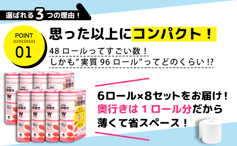【2026年8月発送】 トイレットペーパー 48ロール ダブル 2倍巻き 6ロール 8パック 96ロール 相当 無香料 長持ち 沼津 鶴見製紙 10000円以下