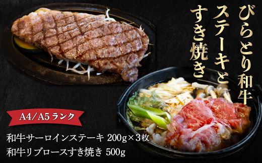 【A4/A5ランク黒毛和牛】びらとり和牛ステーキとすき焼きセット　オリジナルタレ付き BRTB024