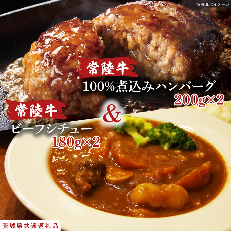 常陸牛ビーフシチュー(180g×2)＆常陸牛100％煮込みハンバーグ(200g×2)セット【牛肉100％ 和牛 シェフ監修 デミグラスソース 煮込み 湯煎 小分け 冷凍保存 ギフト お取り寄せ 北茨城市 茨城県】（AA219）