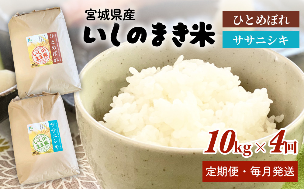 
            米 定期便 ＜定期便4回・毎月発送＞ 宮城県 いしのまき産米 精米 40kg 10kg×4回 ササニシキ ひとめぼれ 品種が選べる 石巻市 お米 米 定期便 白米 こめ
          