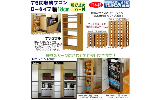 【ナチュラル × 幅 18cm】すき間収納ワゴン ロータイプ 転び止めバー付き