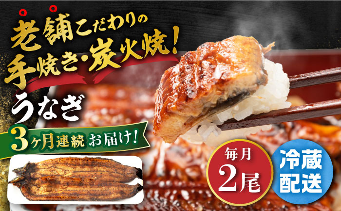 【3回定期便】 手焼き 炭火焼き うなぎ 蒲焼 (2尾・タレ付き) 【中野鮮魚店】[NAI007] うなぎ ウナギ 鰻 国産 炭火焼 蒲焼き