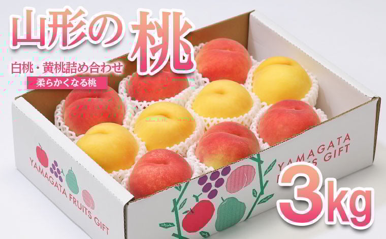 
            山形の桃 3kg(6～12玉)[白桃・黄桃詰め合わせ(柔らかくなる桃)] 【令和7年産先行予約】FU22-048 フルーツ くだもの 果物 山形 山形県 山形市 2025年産
          