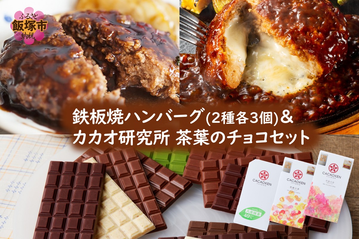 【B-205】鉄板焼ハンバーグ(2種各3個)＆カカオ研究所 茶葉のチョコセット