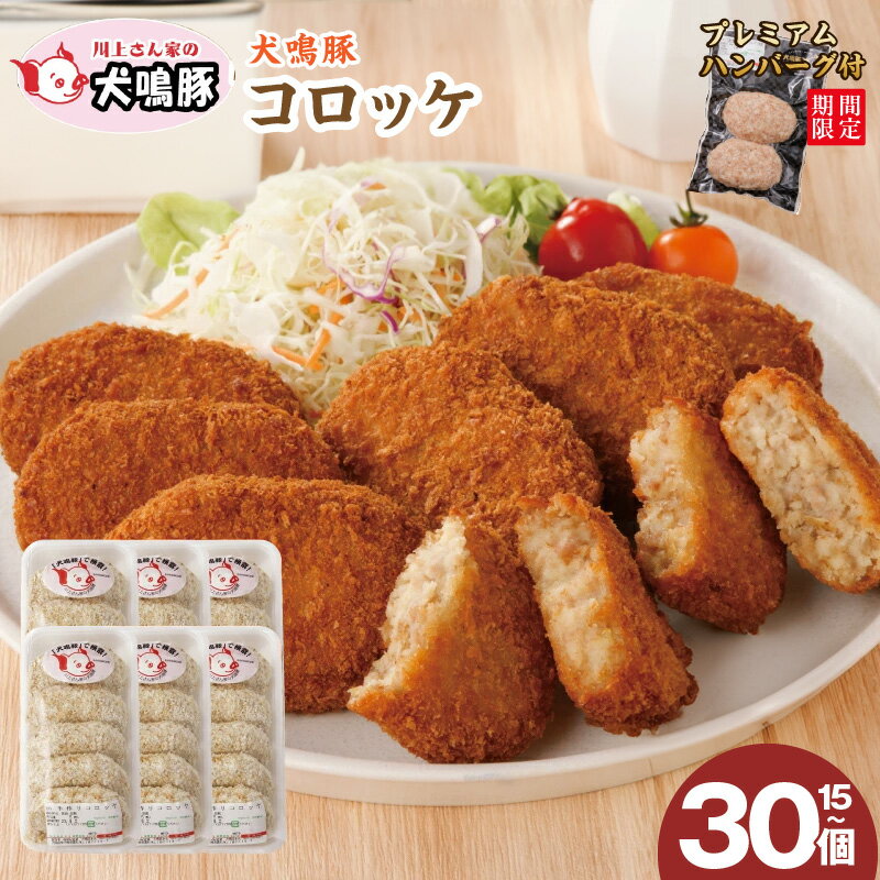 【ふるさと納税】圧倒的企業努力 期間限定 泉佐野ブランド豚 犬鳴豚の手作りコロッケ 15個 / 30個 ハンバーグ付き ポーク 揚げるだけ おかず お弁当 おやつ サクサク こだわり 冷凍 大阪府 泉佐野市 送料無料 肉の泉佐野