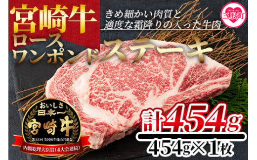 ＜BBQに！宮崎牛ワンポンドステーキ 454g＞ A4 A5 細かい肉質で柔らかく適度な霜降りの入った豪快な逸品！美味しい牛肉をご堪能下さい！【MI164-nh】【日本ハムマーケティング株式会社】