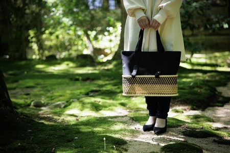 ふたえ籠サイズLブラック（竹籠フレーム帆布バッグ）工芸品 伝統 バッグ かばん 帆布 かご 籠 かごバッグ 新潟県 阿賀野市 2X02125B