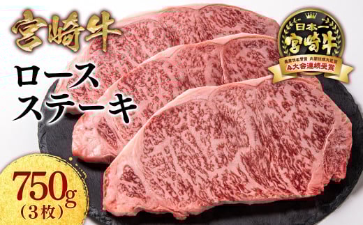 宮崎牛ロースステーキ3枚 計750ｇ 牛肉 ステーキ 高級部位 ブランド牛 ミヤチク 内閣総理大臣賞4連覇＜47-17b＞●