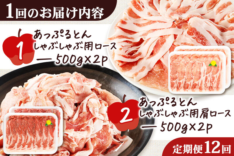 《定期便12ヶ月》 あっぷるとん しゃぶしゃぶ用ロース＆しゃぶしゃぶ用肩ロース詰合せ 合計約2kg（500g×各2パック） 豚肉 [ブランド豚 あっぷるとん 豚肉 ぶた肉 ブタ肉 セット 詰め合わせ 