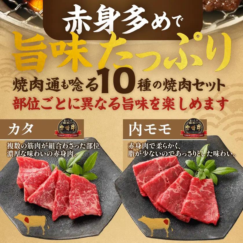 宮崎牛食べ比べ10種盛り焼肉セット〔17-31-003-600g〕_(都城市) 宮崎県産 宮崎牛 A4ランク 焼肉 セット 内モモ カタ トンビ ランプ ラムシン マルシン カメノコ イチボ マルカワ