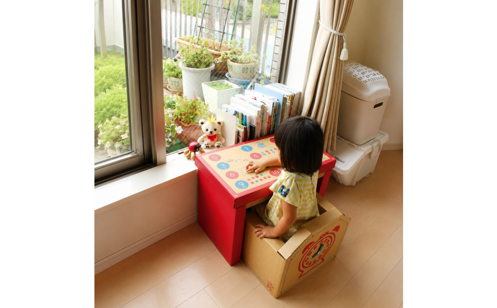 成長に合わせて使える段ボール家具　ジュニアデスクチェア&amp;おうち型収納ボックス◇【赤色セット】