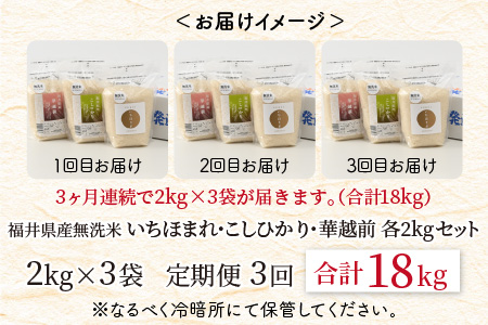 【令和7年産・新米】 定期便 ≪3ヶ月連続お届け≫ 福井産無洗米 いちほまれ こしひかり 華越前 各2kg × 3回 計18kg 【 無洗米 人気 品種 ブランド米 特A 】 [I-6104]