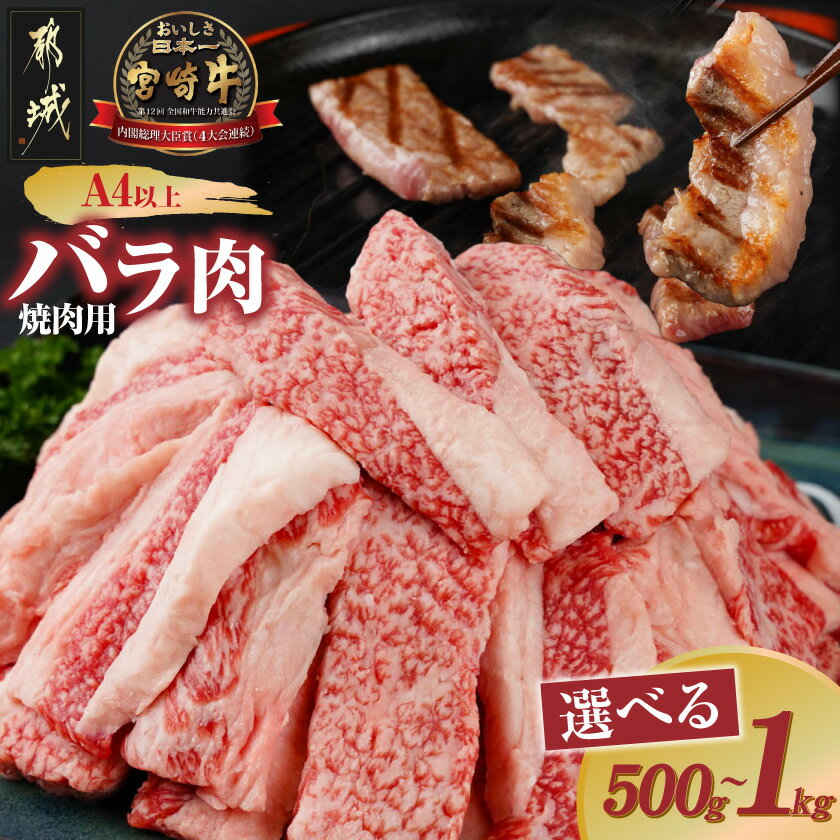 【ふるさと納税】【内容量が選べる！】宮崎牛バラ焼肉(真空)- 牛肉 牛バラ焼肉用カット肉 真空 肉質等級4等級/5等級 国産黒毛和牛 牛ばら肉 バラ肉 焼肉 選べる内容量 500g/1kg 送料無料 SKU-8904【宮崎県都城市は2年連続ふるさと納税日本一！】