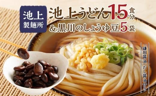 
            池上製麺所うどん15食 黒川のしょうゆ豆5袋・鎌田だし醤油200ml×2本付｜うどん 生麵 るみおばあちゃん うどんセット 生醤油 醤油 鎌田醤油 生うどん 麺 麺類 香川 香川県 高松 讃岐 さぬき
          
