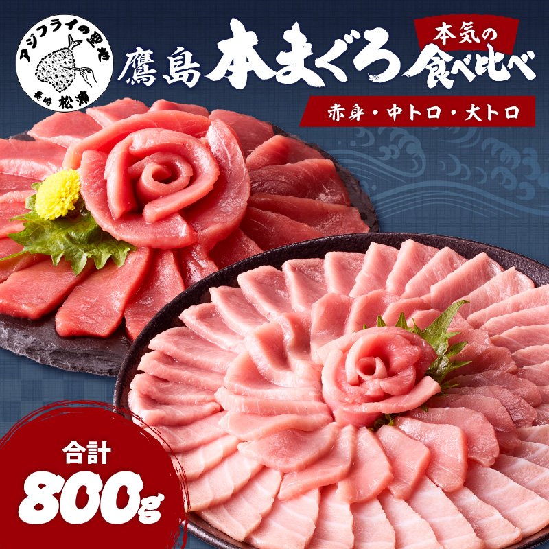 鷹島産本まぐろ本気の食べ比べプラス(大トロ・中トロ・赤身合わせて800g)【D5-006】