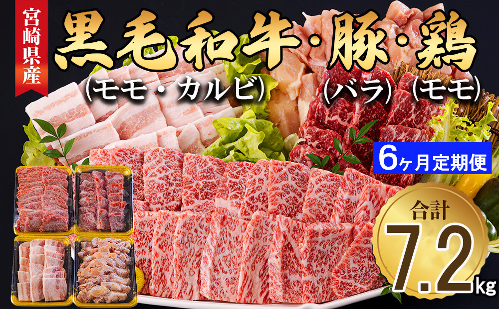 
6回 定期便 宮崎県産 焼肉 セット 黒毛和牛 モモ カルビ 豚バラ 若鶏 モモ 合計7.2kg 各300g [サンアグリフーズ 宮崎県 美郷町 31ba0039] 小分け 冷凍 送料無料 国産 BBQ バーベキュー キャンプ 普段使い 炒め物 丼 カット 詰め合わせ 経産牛
