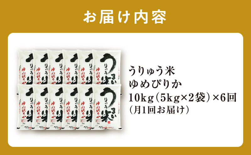 【定期便全6回】【新米予約】 令和7年産 うりゅう米 ゆめぴりか 10kg（5kg×2袋）毎月1回お届け お米 米 ごはん ご飯 6ヶ月 連続お届け 定期便 特A 新米 単一原料米 お弁当 国産 人気