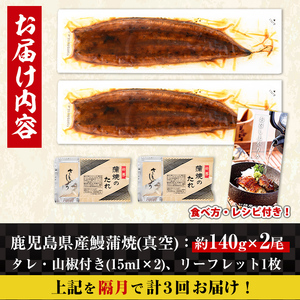 i853-B ＜定期便・計3回(隔月)＞鹿児島県産うなぎ蒲焼2尾セット＜(約140g×2・計約280g)×全3回＞うなぎ 鰻 ウナギ 2尾 蒲焼き 国産 鹿児島県産 焼きたて 生産量日本一 真空パック