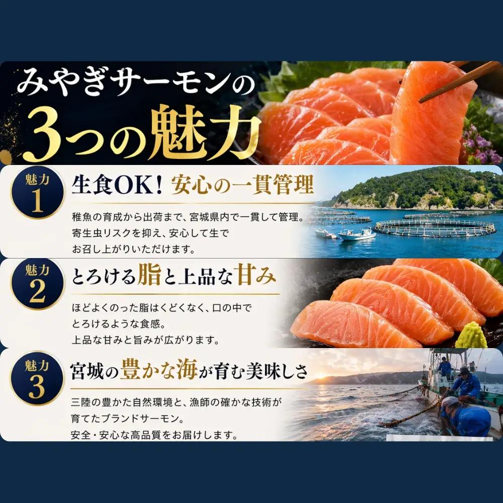 【宮城県漁協直送】【小分け】冷凍 生食 みやぎサーモン（小骨処理済）刺身用柵 約1kg（4パック）