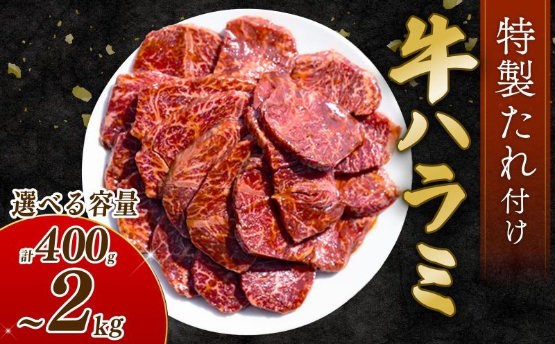 【選べる内容量】 牛ハラミ たれ漬け 約400g～2kg 訳あり 数量限定 牛肉 焼肉 焼き肉 BBQ バーベキュー ハラミ肉 タレ漬けハラミ 小分け 【(有)山重食肉】（室戸海洋深層水塩使用）