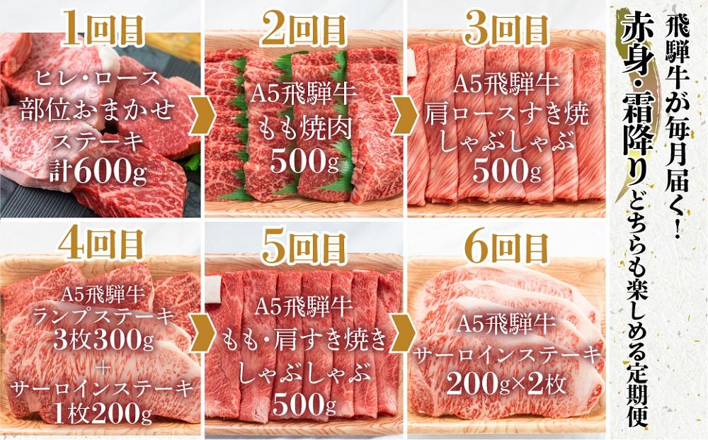 【定期便 6ヶ月】＜全6回＞飛騨牛 食べ比べ（ステーキ／焼肉／すき焼き／しゃぶしゃぶ）| ヒレ ロース ランプ サーロイン もも 霜降り 定期便 牛 和牛 食べ比べ 飛騨牛 ブランド牛 黒毛和牛 お肉