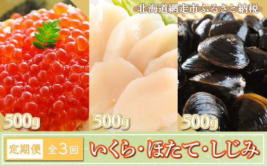 
【定期便】全3回（毎月）いくら・ほたて・しじみ 各500g ABE078
