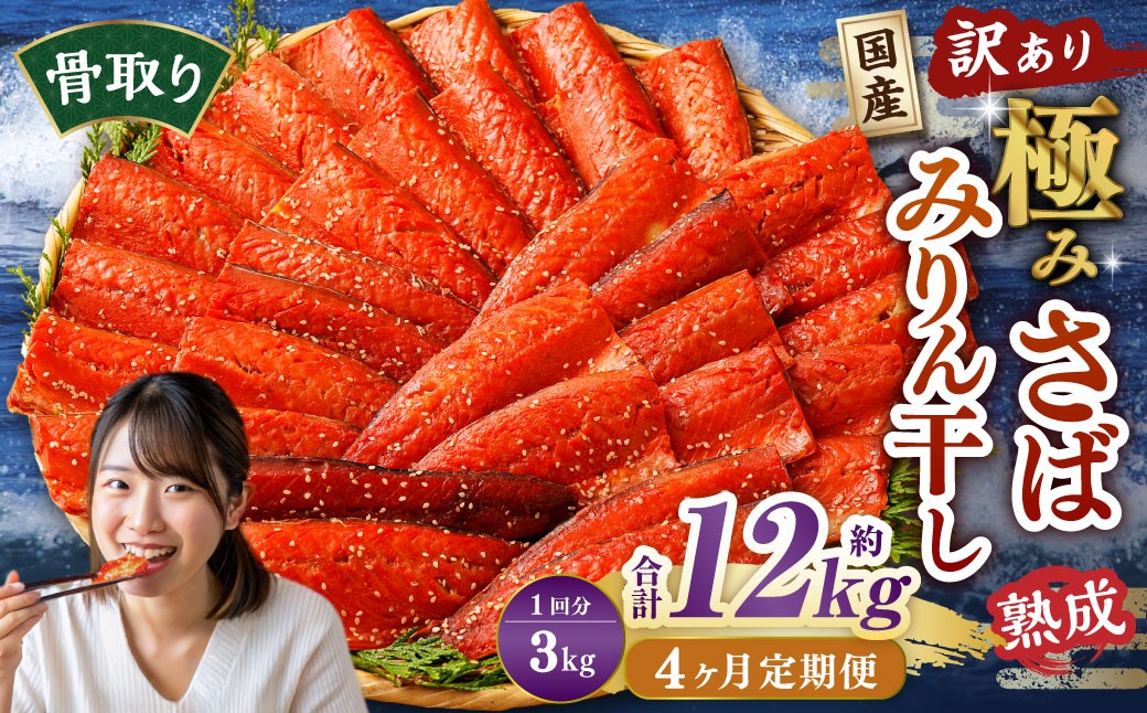 
            【4ヶ月定期便】【訳あり】国産 骨取り 熟成極みさばみりん干し 計約3kg ／ 1切れ さばみりん干し みりん干し 干物 ひもの さば サバ 鯖 魚
          