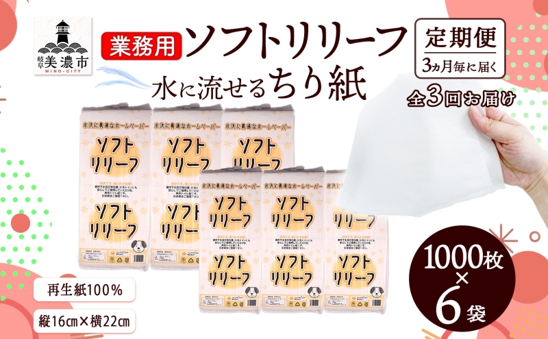 定期便 3ヶ月毎3回お届け ちり紙 リリーフ 1000枚×6袋 紙 無香料 ティッシュペーパー 落とし紙 ペーパー 紙 紙製品 日用品 消耗品 紙製品 ストック 備蓄 生活必需品 エコ まとめ買い トイレに流せる 介護 川一製紙 送料無料 岐阜県 美濃市　　　　　　　　