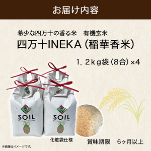 【有機玄米】希少な四万十の香る米 4.8kg（8合×4袋）四万十INEKA（稲華香米）化粧袋仕様 ／Fsg-Z02 小分け 便利 玄米 高知県 四万十町