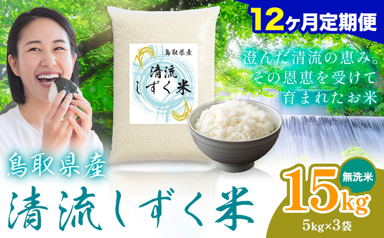 【12ヶ月定期便】鳥取 ふるさと 無洗米 15kg  清流しずく米《お申し込み月の翌月から出荷開始》鳥取県 八頭町 米 お米 ご飯 八頭 ふるさと無洗米 生活応援 ブレンド米 複数原料米 訳あり 小分け kome ご飯