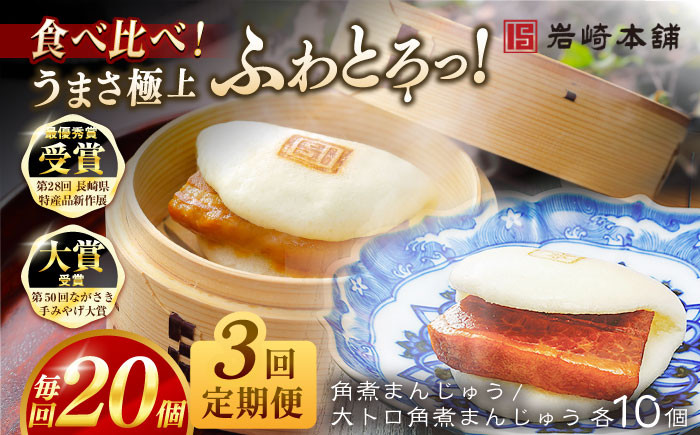 
            【全3回定期便】角煮まんじゅう10個 （箱）・大とろ角煮まんじゅう10個 （箱） 豚肉 東坡肉 ふわふわ ほかほか 五島市/岩崎本舗 [PFL022] 肉まん 角煮饅頭 惣菜 おかずおやつ 冷凍 豚 豚角煮 簡単調理 お取り寄せ
          