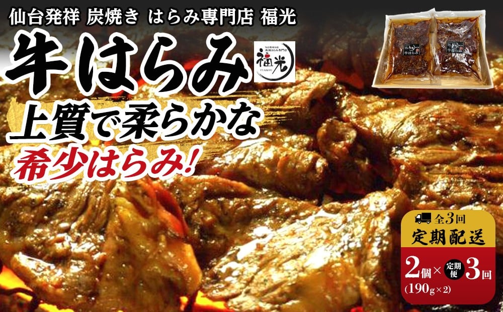 
            【3回定期便】仙台発祥炭焼きはらみ専門店　福光の牛はらみ190g×2個【お肉 牛肉 上質 希少柔らか お肉 にく 食品 仙台 人気 おすすめ  ギフト】
          