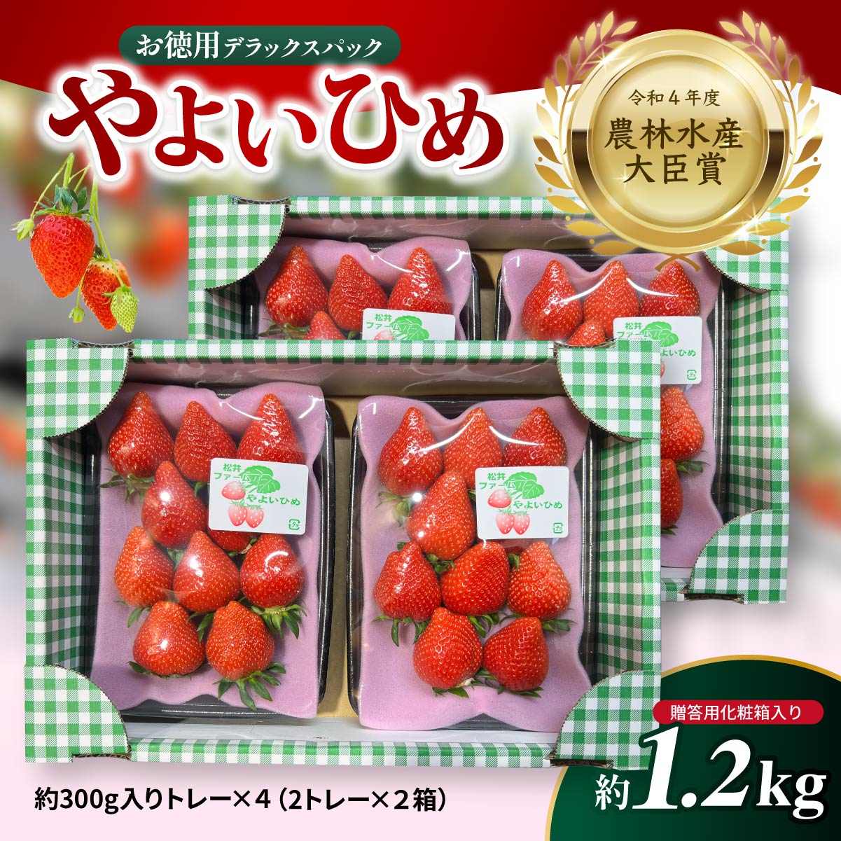 【ふるさと納税】いちご やよいひめ お徳用 デラックスパック 約300g×4パック 合計1200g | イチゴ 苺 高品質 フルーツ たっぷり 新鮮 完熟 旬 ストロベリー 高級 産地直送 果汁 甘い あまい 人気 高評価 高糖度 ごほうび プレゼント 松井ファーム 群馬県 前橋市