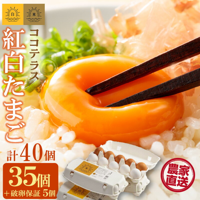 【ふるさと納税】ココテラスの 紅白たまご 35個 + 5個保証【計40個】【 JGAP認証 】農家直送 新鮮 卵 純植物性飼料 飼料にこだわった 卵かけご飯 米たまご 白卵 赤卵 大容量 送料無料
