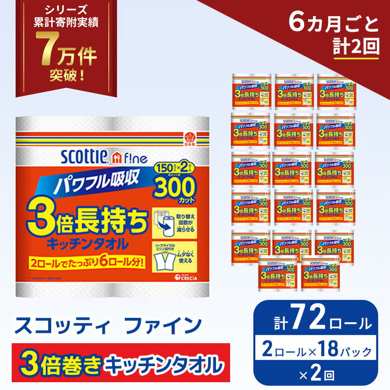 【ふるさと納税】 定期便 キッチンペーパー 72ロール (2R×18P,6ヶ月ごと計2回) スコッティ ファイン 3倍巻き 150カット キッチンタオル ペーパータオル 長持ち 高品質 上質 日用品 生活用品 必需品 吸水 防災 備蓄 日本製 家計の味方 送料無料 宮城県 岩沼市