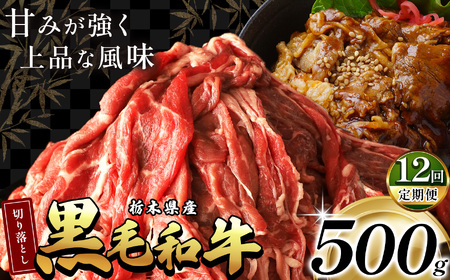 【定期便12回】栃木県産黒毛和牛切り落とし 500g  | 定期便 12回 霜降り 肉 和牛 黒毛和牛 栃の木黒牛 切り落とし とろける 品質 柔らかく 銘柄牛 美味しい 特産品 ふるさと 納税 栃木県 那珂川町 送料無料