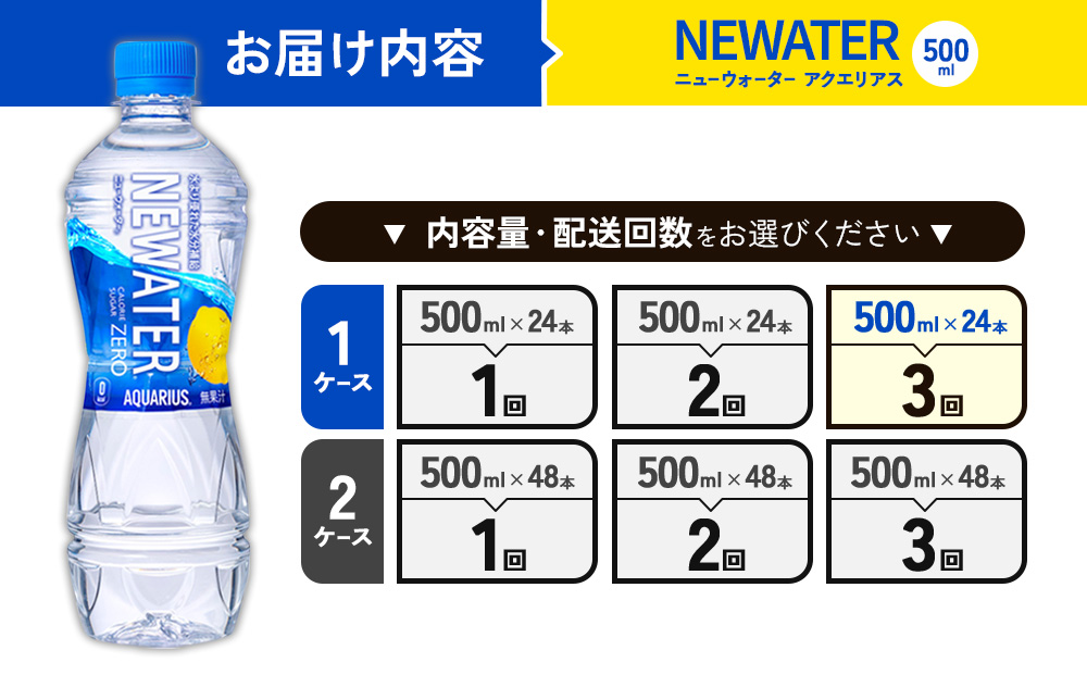 【3回定期便】アクエリアス ニューウォーター 500ml PET【コカ・コーラ】ペットボトル 1ケース(24本) 定期便 3回(72本) セット スポーツドリンク スポドリ カロリーゼロ 熱中症対策 