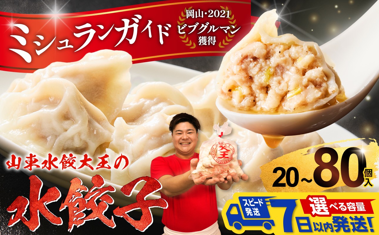 
                  【スピード発送！選べる個数！】餃子 水餃子 20個 40個 80個 たれ付き【山東水餃大王 水餃子専門店 ぷるぷる もちもち 岡山県備前市】
                