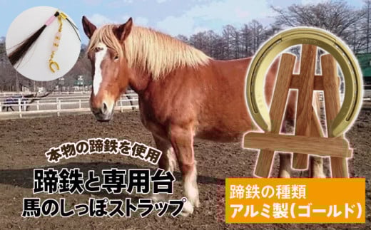 蹄鉄 （ アルミ製 ゴールド ）& 専用台 & 馬のしっぽの毛 ストラップ 【馬っこパーク・いわて】／ 馬蹄 てい鉄 さび止め 錆止め サビ止め アルミ 金 金色 加工 馬毛 尻尾 栗毛 鹿毛 芦毛 誕生石 幸運 開運 厄除け 魔除け アイテム 本物 インテリア アクセサリー おすすめ