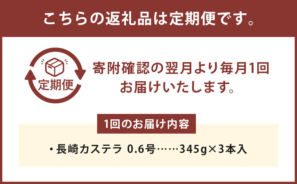 【3ヶ月定期便】 長崎カステラ1.8号（0.6号×3本入）